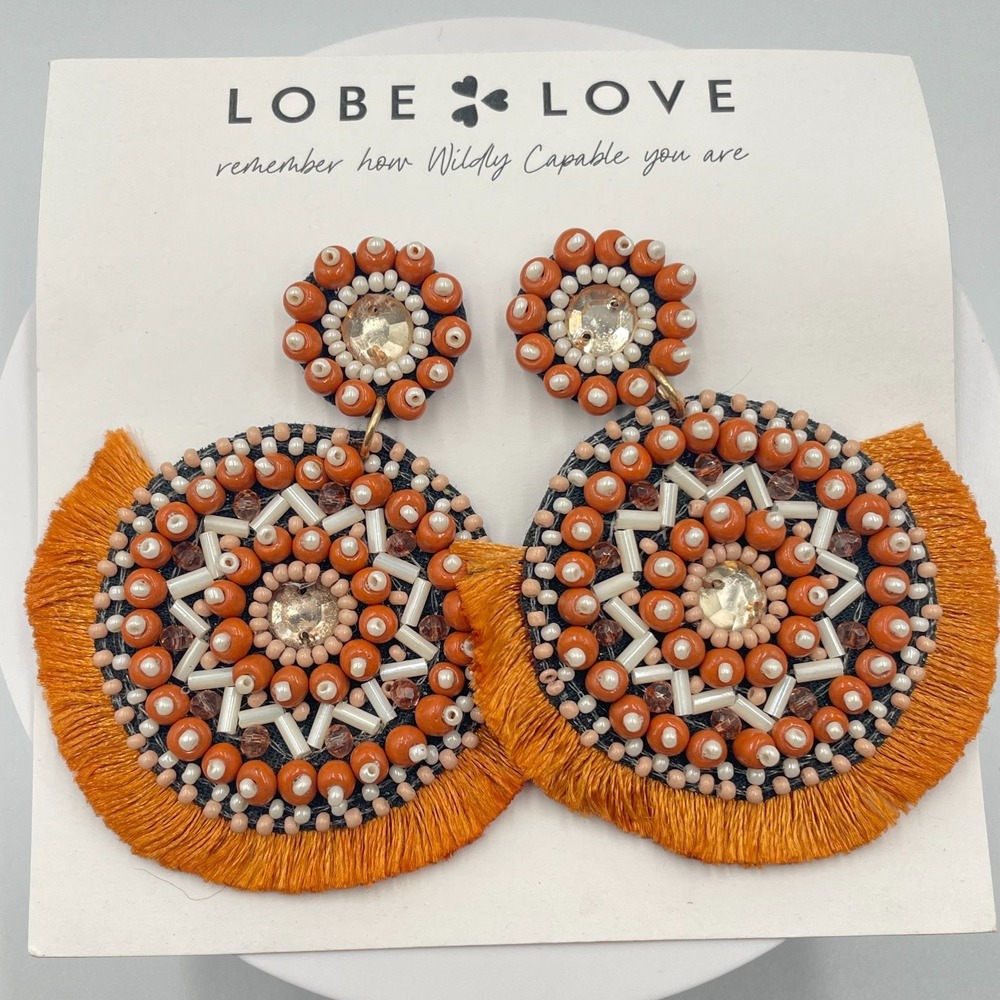 Vintage Retro Boho Orange Beaded Fringe Statement Drop Earrings Lobe Love NWT